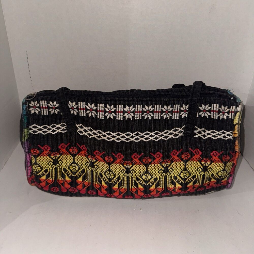 Vintage Guatemalan Huipil Textile Barrel Duffel Bag Handmade Folk Art